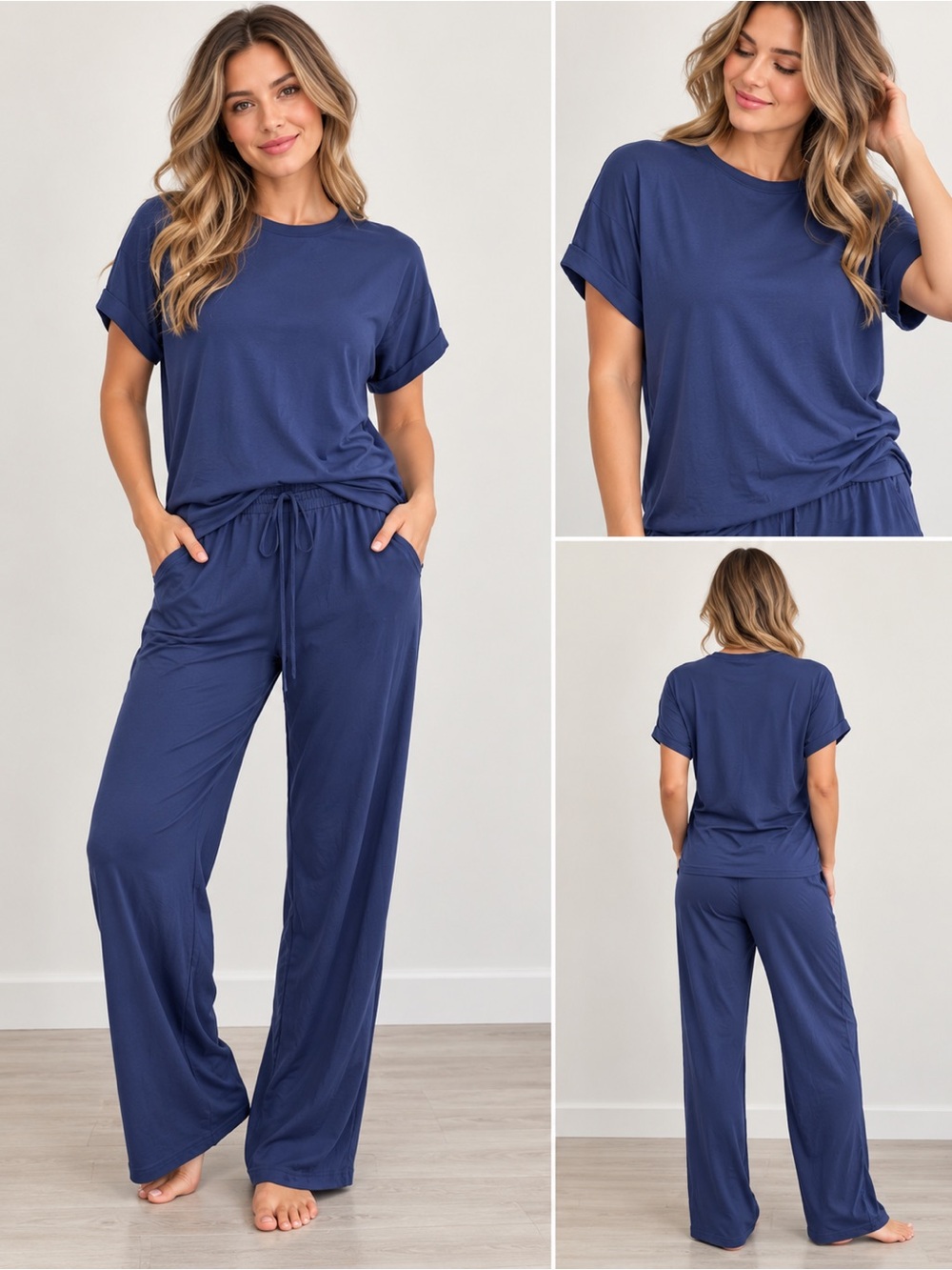 Women’s Relaxed Wide-Leg Lounge Pants Set - Navy